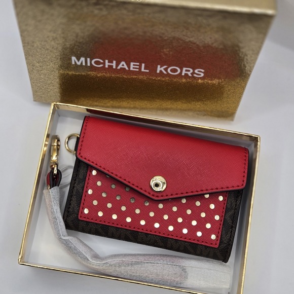 Michael Kors Wristlet Wallet Brown/Red With Gold Accents NIB Small - Picture 1 of 11